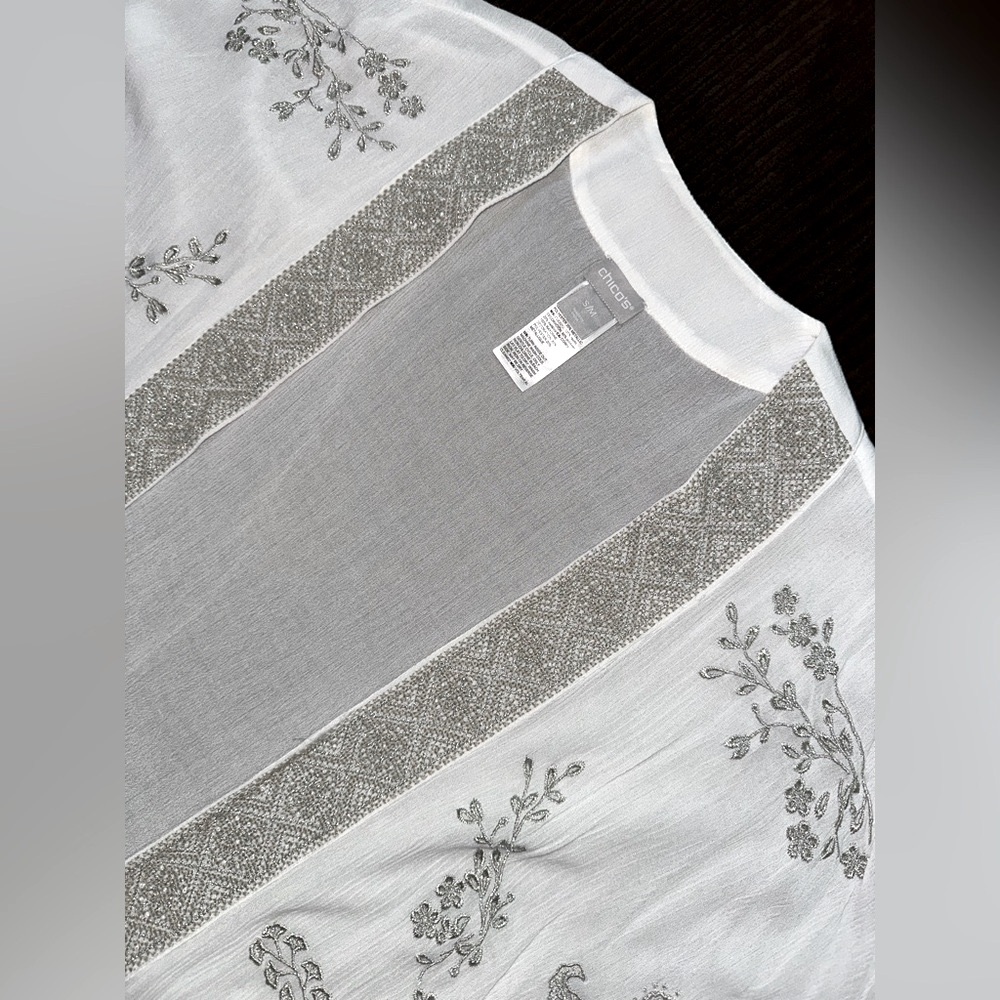 Chicos White and Gray Sheer Kimono Cardigan Small Silver Beaded